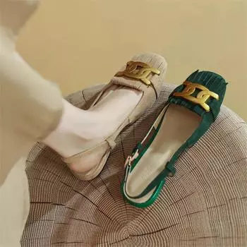 Летние босоножки Туфли на низком каблуке Женские босоножки Модные сандалии из овечьей замши с металлической пряжкой Женские туфли-лодочки с кисточками Зеленые 34 абрикосовый