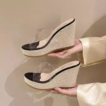 Летние босоножки женские на танкетке, водонепроницаемые, на платформе, на платформе, на высокой подошве, на высоком каблуке, модная верхняя одежда, одно слово, прозрачные босоножки, обувь 35 белый