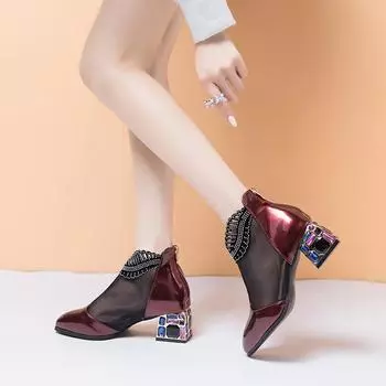 Летние ботильоны для женщин, модная обувь, сетчатые вставки, острый нос, толстый каблук, женские удобные сандалии, дизайнерские туфли-лодочки 35