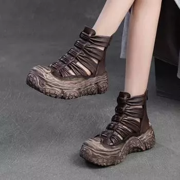 Летние ботинки Johnature Hollow Out Breathable, сандалии из натуральной кожи, женские туфли на плоской платформе в стиле ретро 35 чёрный