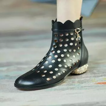 Летние ботинки Krazing Pot из микрофибры с круглым носком, модные летние ботинки с полыми украшениями и бриллиантовой подвеской, ботильоны 34 чёрный