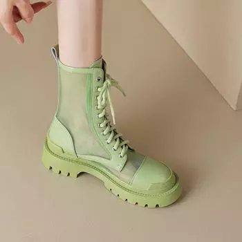 Летние ботинки Krazing Pot из овчины с круглым носком, модные ботильоны из сетчатой ткани с заклепками и перекрестной завязкой 34 слоновая кость