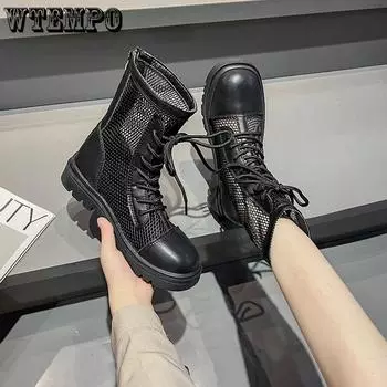 Летние ботинки на шнуровке в сетку, дышащие женские ботинки с высоким каблуком, красные полые ботинки, студенческие сапоги в сетку