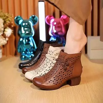 Летние ботинки ручной работы в стиле ретро, босоножки из натуральной кожи на толстом каблуке, универсальная женская обувь 35 коричневый