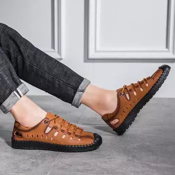 Летние брендовые мужские кожаные сандалии, дышащие, открытые, мужские повседневные сандалии, мягкие, плоские мужские сандалии 6.5 оранжевый