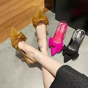 Летние брендовые женские сандалии с открытой пяткой, 7 см, модные женские элегантные модельные туфли-лодочки без шнуровки с острым носком и бантом 35 чёрный