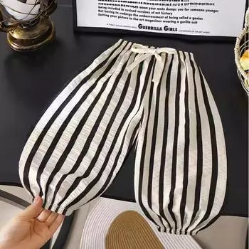 Летние брюки для детей, мальчиков и девочек, верхняя одежда для малышей, эластичные резинки, свободные полосатые брюки для детей, девочек и мальчиков, классные брюки 80 черный белый