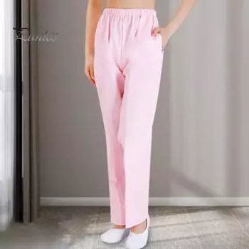 Летние брюки для медсестры со средней посадкой и эластичной резинкой на талии, широкие длинные брюки, однотонные женские рабочие брюки с карманами M белый