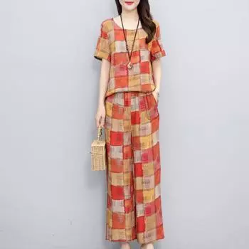 Летние брюки для женщин, комплект из 2 предметов, большие размеры, повседневные элегантные свободные комплекты брюк с эластичной резинкой на талии, летняя одежда XL