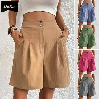 Летние брюки, европейские и американские повседневные женские шорты с высокой талией и широкими штанинами S хаки