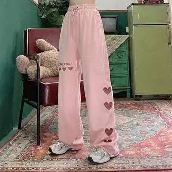 Летние брюки Харадзюку, уличная одежда, женские широкие брюки с высокой талией, эстетические прямые модные брюки L чёрный