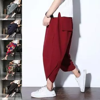 Летние брюки Harajuku, повседневные брюки длиной до икры, мужские брюки, широкие брюки из хлопка и льна с принтом, шаровары, мужская одежда, модные мешковатые брюки XXXXXL