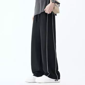 Летние брюки Ice Silk, мужские свободные повседневные спортивные брюки в гонконгском стиле с широкими штанинами, эластичные быстросохнущие брюки XXXXL чёрный