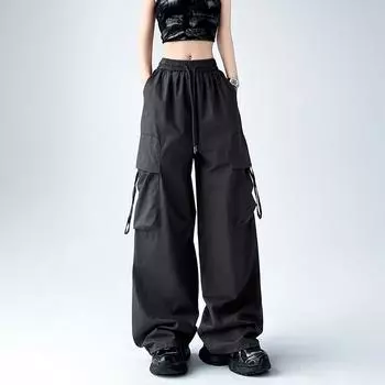 Летние брюки-карго с завязками на щиколотке Женская быстросохнущая спецодежда Модные длинные брюки с прямыми штанинами 2024 Спортивные свободные повседневные брюки 484 S чёрный