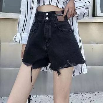 Летние брюки, модные, универсальные, с ультра-высокой талией, женские, летние, тонкие, с разрезами, свободные, тонкие, широкие, с рваными краями, джинсовые шорты с буквой A XS черный серый