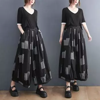 Летние брюки Nine-minute Wide Leg женские свободные повседневные брюки удобные дышащие прохладные легкие ткани большого размера ленивый стиль one size чёрный