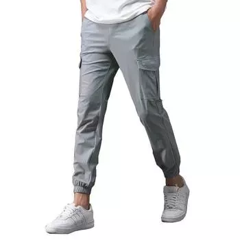 Летние брюки с множеством карманов, легкие быстросохнущие дышащие длинные брюки из ледяного шелка L чёрный