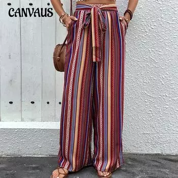 Летние брюки с принтом, эластичные женские широкие брюки с высокой талией S бордовый