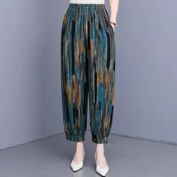 Летние брюки с высокой талией для женщин больших размеров, элегантные женские брюки с эластичной талией, винтажная одежда XL