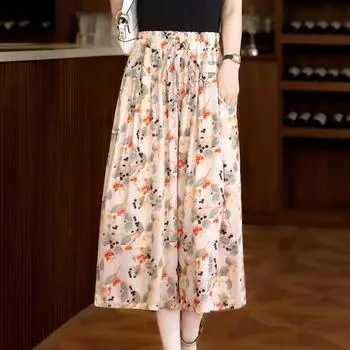 Летние брюки с высокой талией, женские повседневные широкие брюки больших размеров, свободные винтажные брюки с принтом, женская одежда среднего возраста XL чёрный