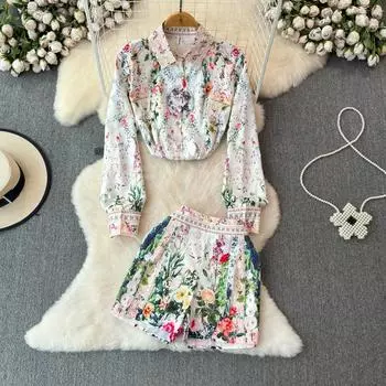 Летние брюки в европейском стиле с принтом для подиума, женские топы с лацканами, рубашка + элегантные шорты, комплект из двух предметов M