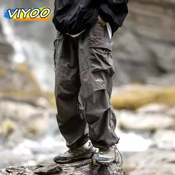 Летние брюки Y2K, мужские брюки-карго, функциональные стильные весенние джинсовые уличные карманы, широкие мешковатые брюки, брюки для альпинизма M чёрный