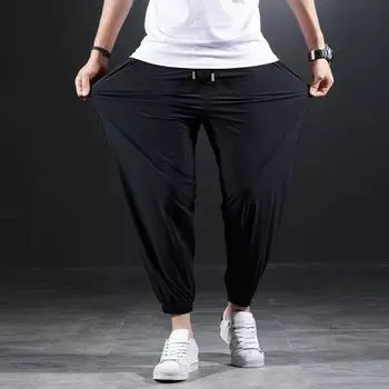 Летние быстросохнущие повседневные брюки из ледяного шелка больших размеров, мужские ультратонкие эластичные брюки с девятью точками, свободные драпированные однотонные брюки с лучами 7XL серый