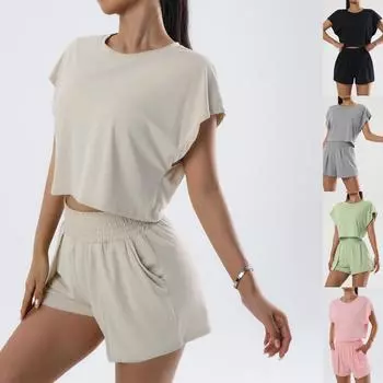 Летние быстросохнущие топы без рукавов, шорты с защитой от воздействия, повседневная одежда для фитнеса, спорта и йоги L бежевый