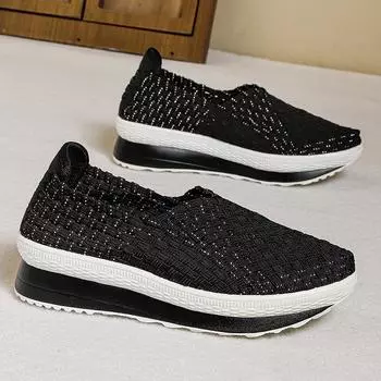 Летние черные плетеные пляжные туфли ручной работы женские на платформе без застежек большого размера повседневные эспадрильи увеличивающие рост кроссовки 38 серебряный/чёрный