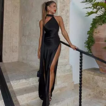 Летние черные женские модные висячие шеи темперамент сексуальные платья с открытой спиной и разрезом L чёрный