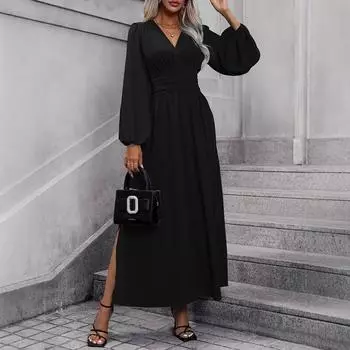 Летние черные женские темпераментные однотонные пригородные платья премиум-класса с длинными рукавами S чёрный