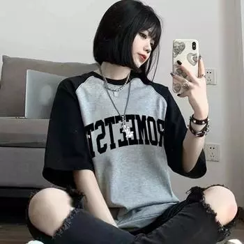 Летние цветные лоскутные футболки из 100% хлопка с буквенным принтом, женские винтажные футболки с короткими рукавами, повседневные уличные топы большого размера, топы y2k M зелёный