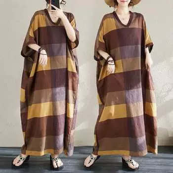 Летние цветные повседневные платья из хлопка и льна телесного цвета в стиле «отпуск» с V-образным вырезом в стиле ретро One size