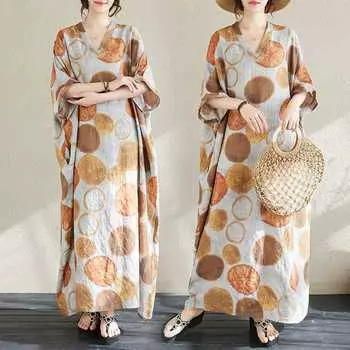 Летние цветные повседневные платья из хлопка и льна телесного цвета в стиле «отпуск» с V-образным вырезом в стиле ретро one size жёлтый