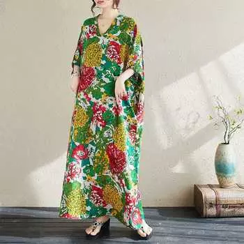 Летние цветные повседневные платья из хлопка и льна телесного цвета в стиле «отпуск» с V-образным вырезом в стиле ретро one size