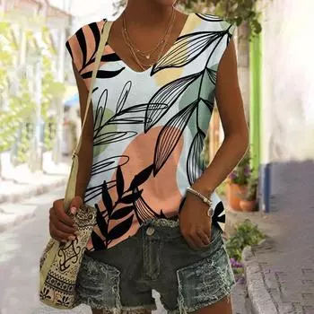 Летние цветочные 3D-принты для женщин, уличные майки, свободный жилет с V-образным вырезом, без рукавов, без рукавов, женская майка S