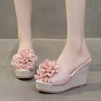 Летние цветы для дома и улицы, сандалии/тапочки с толстой подошвой, однорядные, с застежкой «рыбий рот», модные женские туфли на танкетке большого размера 35