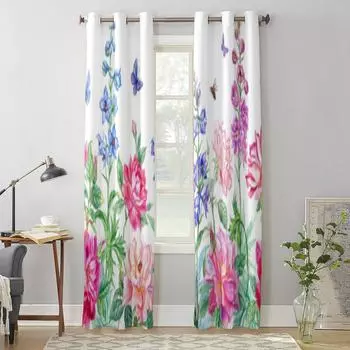 Летние цветы, розы и летающие бабочки, оконные шторы для гостиной, кухни, современные шторы, домашний декор, жалюзи, шторы 135W x 60H(cm) x1