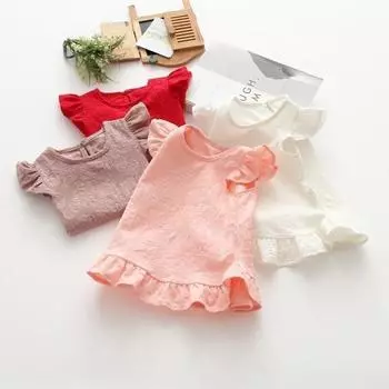 Летние детские блузки с кружевными цветами и рюшами на рукавах, топы, хлопковые повседневные рубашки для маленьких девочек, одежда 3T розовый