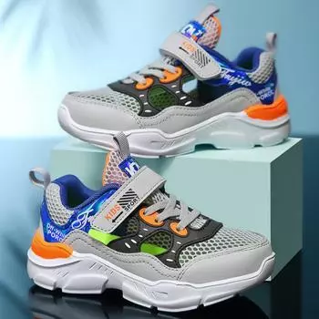 Летние детские большие легкие дышащие туфли на липучках с полой рамой для спорта и отдыха на открытом воздухе 27-40 27 оранжевый/серый