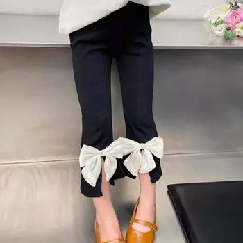 Летние детские брюки, одежда с бантом, однотонные детские брюки, расклешенные брюки, хлопковые весенние свободные детские брюки для девочек 90 чёрный