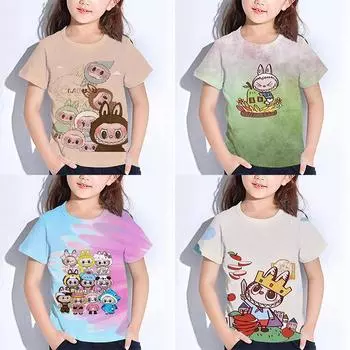 Летние детские футболки Labubu с героями мультфильмов «Монстры» для мальчиков и девочек, детские футболки с короткими рукавами, одежда для малышей, верхняя одежда для малышей 100 белый