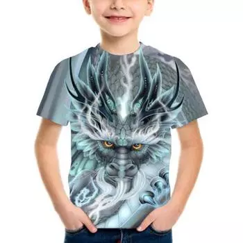 Летние детские футболки с забавными животными, повседневные детские футболки с героями мультфильмов для мальчиков и девочек, футболка с 3D рисунком воды Даргон волк, топ с короткими рукавами 100