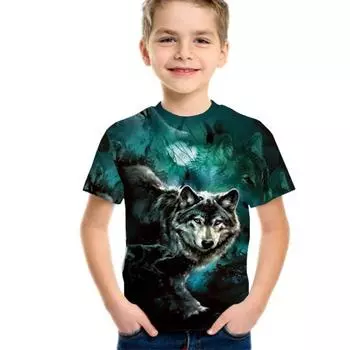Летние детские футболки с забавными животными, повседневные детские топы с короткими рукавами и рисунком волка для мальчиков и девочек, модная футболка с 3D принтом 100