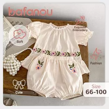 Летние детские комплекты из 2 предметов для девочек с однотонным топом и шортами, детская одежда с вышитыми цветами, комплекты одежды для девочек ясельного возраста bafanou 66150 73cm(6-12M) розовый