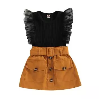 Летние детские комплекты одежды для девочек, сетчатые майки в рубчик без рукавов с оборками, топы + мини-юбки на пуговицах на поясе, повседневная одежда 3-4 Years белый