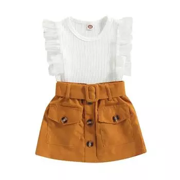 Летние детские комплекты одежды для девочек, сетчатые майки в рубчик без рукавов с оборками, топы + мини-юбки на пуговицах на поясе, повседневная одежда 2-3 Years чёрный