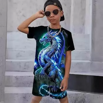 Летние детские комплекты с короткими рукавами, повседневная детская одежда с 3D принтом животных, комплект из 2 предметов для мальчиков и девочек 110
