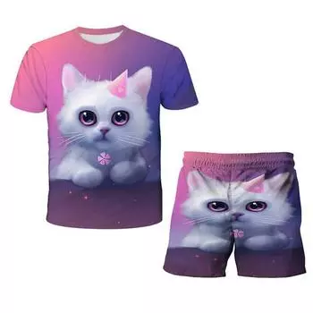 Летние детские комплекты с котами, футболки с короткими рукавами с принтом и короткие штаны, милая одежда из 2 предметов для мальчиков и девочек, От 1 до 14 лет 100