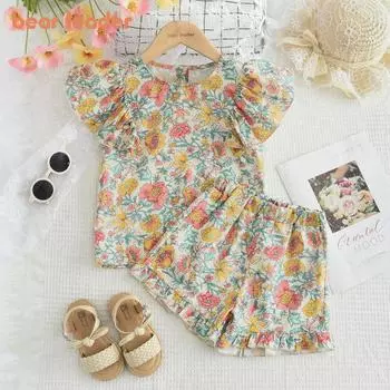 Летние детские комплекты с принтом Bear Leader, корейский модный топ с цветочными рукавами и шортами, костюм из 2 предметов, праздничная одежда для девочек AH9459 6T